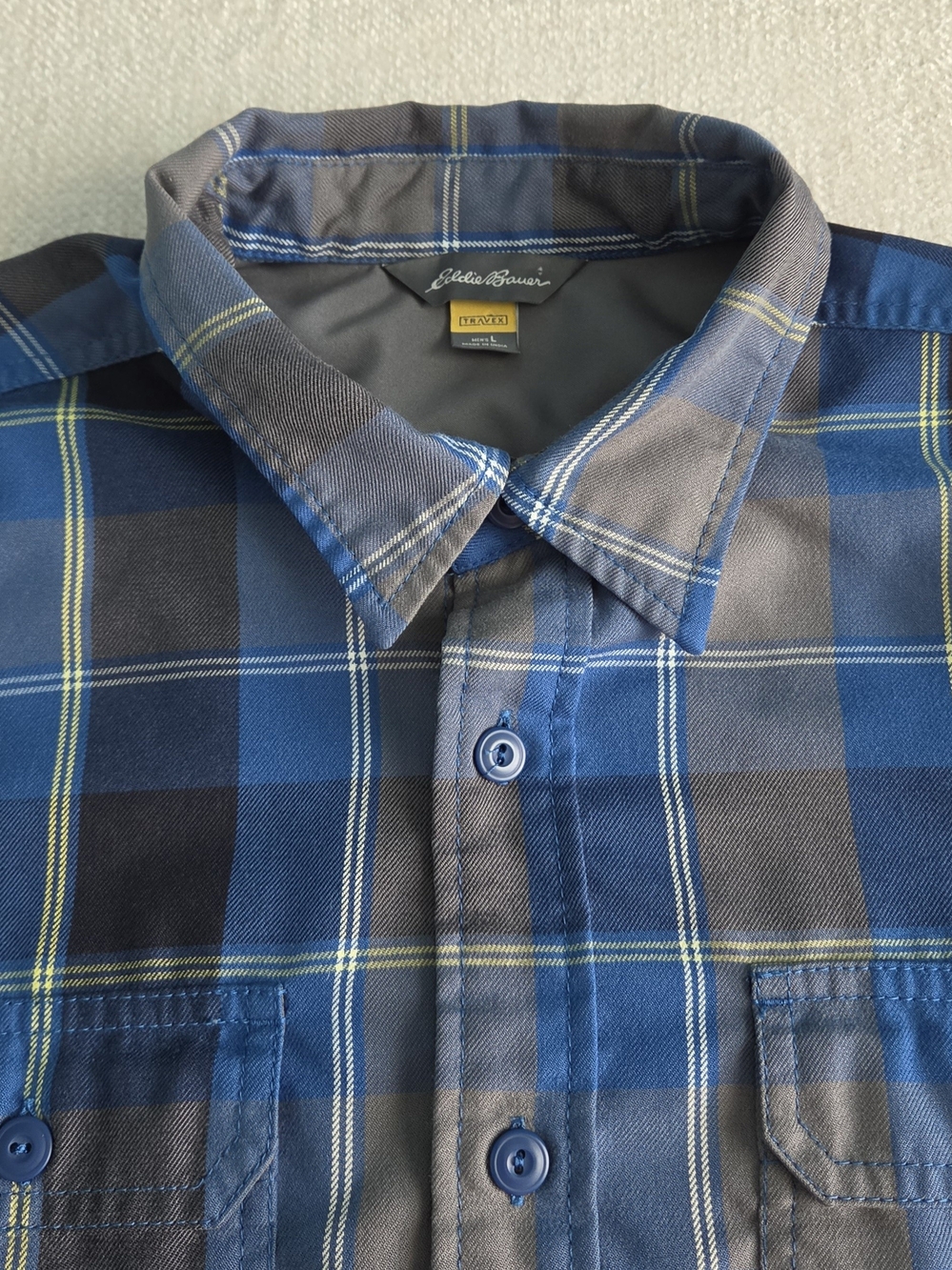 Eddie Bauer Travex Button Up Shirt Men's Large Blue Plaid Long Sleeve Outdoor.